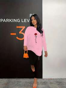 2pcs Rose Print Set, Long Sleeve T-Shirt And Leggings, Special Women's Edition - Pink - View 2