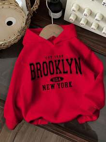 ChristmasWomen's Casual Minimalist "NEW YORK BROOKLYN" Graphic Print Loose Fit Pullover Hoodie Sweatshirt, Thick For Autumn And Winter,Long Sleeve Tops Back To School Fall And Winter Clothing Autumn And WinterLoose And Comfortablechristmas Outfit Women - 紅色 - 查看 1