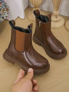 女童新款靴子，黑色和棕色真皮靴，时尚切尔西踝靴，适合小女孩，秋冬季 - 棕色 - 查看 1