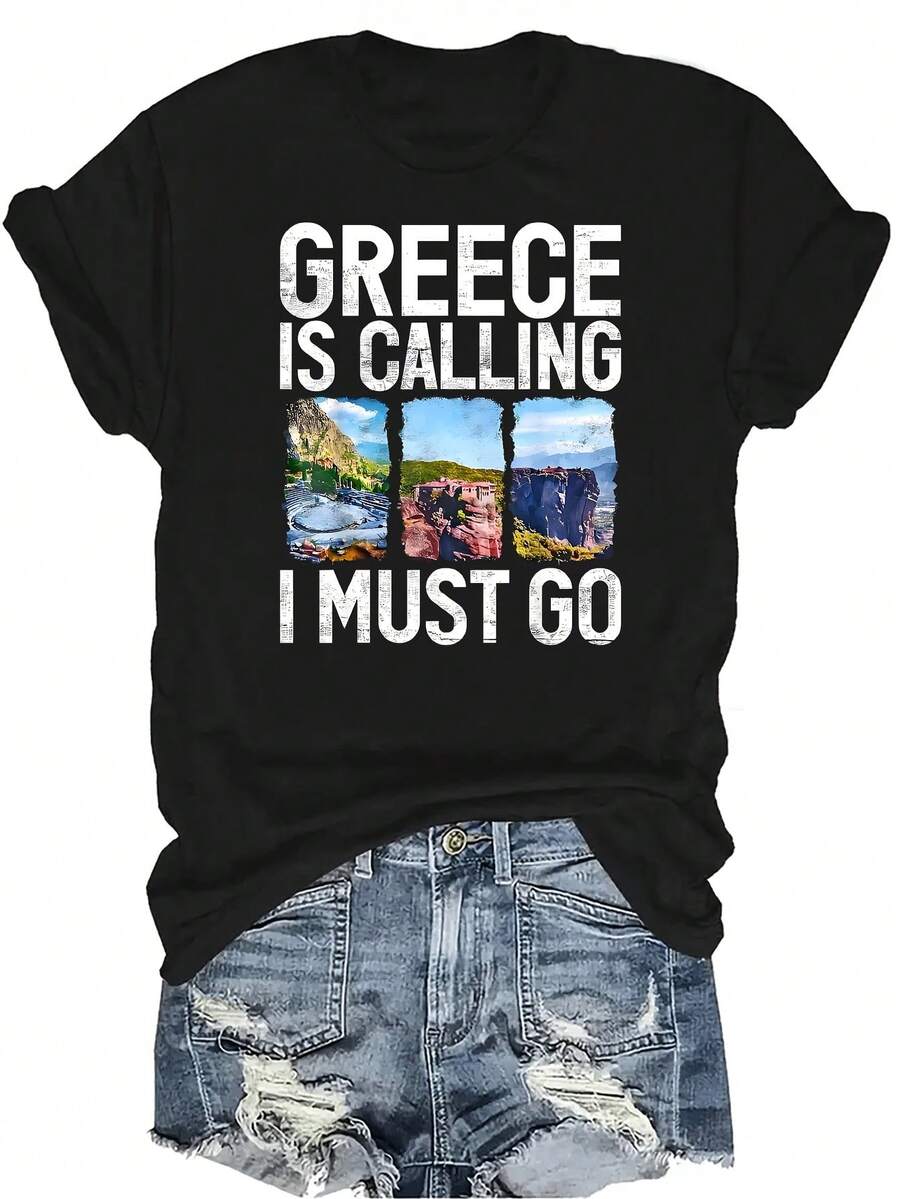 Grecia me está llamando, debo ir. Camiseta griega para mujer y unisex, de verano, casual, transpirable, con personalidad, cuello redondo, manga corta, ropa de calle, versátil, adecuada para adolescentes y adultos - Negro - Ver 1