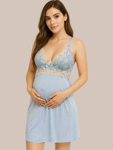 Postpartum And Maternity Nursing Nightgown With No Pads And Two-Tone Lace. - Baby Blue - View 2