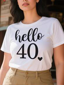 Camiseta Tops casuales de mujer con estampado de texto hello 40 220 g de algodón puro grueso y cómodo - Blanco - Ver 1