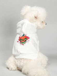 1pc Pet Clothes, Dog/Cat Apparel, New Hooded Sweatshirt, Halloween Series, Flame Skull Design, White