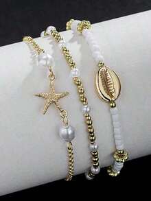 3pcs/Set Summer Beach Style Metal Starfish & Shell Beaded Glass Bracelet Set For Women - Nhiều màu - Xem 8