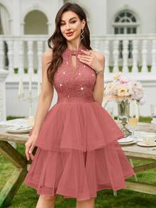 MIUSOL Sequin Floral Lace Halter Neck Ruffle Layered Hem Mesh Prom Party Swing Dress,Summer Dress,Wedding Guest Dress,For Graduation,Homecoming - Dusty Pink - View 4