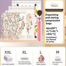 4pcs Vacuum Compression Bags With Flower Patterns (4 Different Sizes, Suitable For Storing T-Shirts, Down Jackets, Quilts; 1 Manual Air Pump Included As A Gift, Ideal For Home Storage Or Travel Luggage Organization, Perfect Christmas Gift) - لون - مشاهدة 10