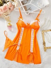 Conjunto de lencería de dormir con vestido de malla con abertura y tanga con lazo de encaje semitransparente y sexy para mujer - Naranja - Ver 6