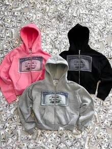 Street Style Women'S Hoodie Day Outfit, Autumn Harajuku Style Y2k Pink Sweatshirt, Casual And Simple Retro Jacket, Elegant And Versatile Commuter Hoodie, Social Security Card Print Jacket Vacation Outfits For Women - Hồng - Xem 3