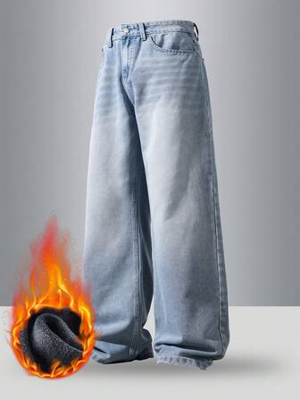 Pantalones vaqueros gruesos y cálidos con forro térmico para hombre, estilo callejero de pierna ancha y suelta, para otoño/invierno