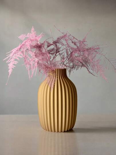 1PC Fake Ceramic Plastic Vase Pampas Flowers, Minimalist Home Beige Zwart Cylindrical Vase, Gestreepte Texture, Smooth Surface, Living Room/Bedroom/Wedding/ Centerpiece Tafel Flower Room Glass view 5