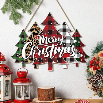 1pc Merry Christmas Door Buffalo Plaid Tree Decor Farmhouse Listing For Porch Pre-Christmas Outdoor Home Decor Suitable For Christmas Party Front Door Decoration Wall Hangings