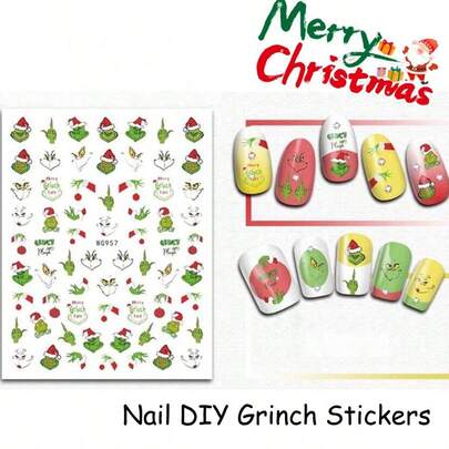 3 pezzi/5 pezzi/8 pezzi Adesivi natalizi Mostro Grinch Natale e Capodanno Adesivi per arte di unghie fai-da-te rimovibili 3D divertenti Adesivi per unghie Uomo pan di zenzero Adesivi natalizi, piccoli regali di Natale