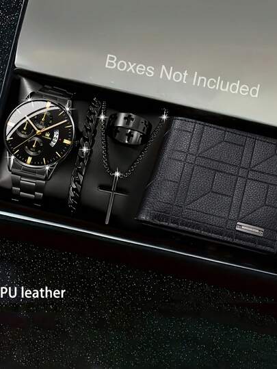 Set de 5 piezas que incluye billetera ligera y elegante para hombres, reloj de cuarzo de negocios elegante y juego de joyas versátil y exquisito, regalo ideal para el Día del Padre, aniversario o cumpleaños