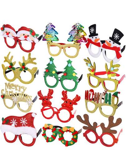 12pcs Christmas Glasses Glitter Holiday Party Glasses Frames Christmas Atmosphere Decoration Accessories Suitable For Christmas New Year Holiday Themed Party Decor Props And Party Gift