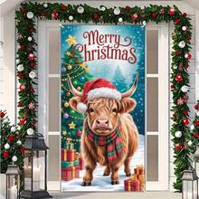 1 banner de ușă cu taur de Crăciun, cu modele de brad de Crăciun și cadouri, potrivit pentru petreceri cu tematică de Crăciun, decorațiuni interioare/exterioare, casă, perete, curte, decorare terasă, activități generale de sărbătoare, decorațiuni de Crăciun, petreceri de sărbători