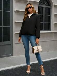 Jaqueta Acolchoada com Capuz Leve e Quente para Mulheres, Tecido Tecido de Cor Sólida com Bolsos, Adequada para Outono, Inverno e Primavera - Preto - Visão 5