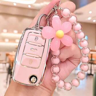 Easypie Selection 1 件汽车钥匙包保护套套装，配混合马卡龙串珠挂链，亚克力串珠钥匙扣，适用于 Polo、Tiguan、Passat B5、B6、B7、Golf 4、5、6、MK6、Jetta、Lavida，适用于汽车钥匙套装，配混合色马卡龙串珠挂链