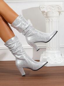 Silver Chunky Heel Slouchy Round Toe Tall Boots For Women, New Autumn/Winter Mid-Calf Riding Boots