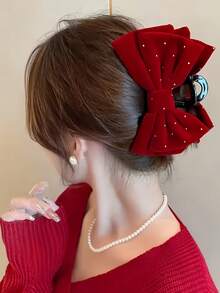 1 pieza Pinza para el cabello con forma de corazón brillante de cielo estrellado para mujer, estilo elegante, puede fijar el cabello, diseño de lazo, pinza de garra para el cabello, accesorio para el cabello - Negro - Ver 14