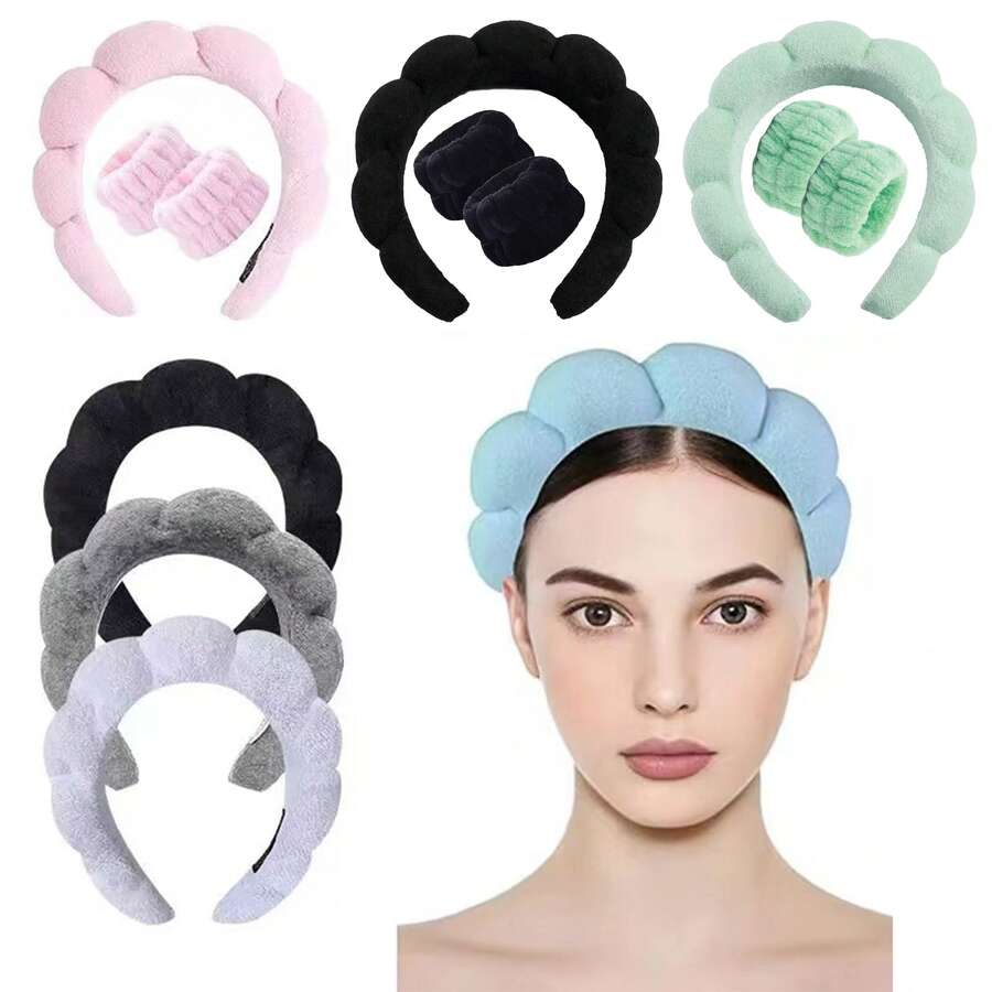 1/2/3 peças Faixa de cabelo para lavar o rosto, faixa de cabelo de esponja para mulheres, alça de pulso, faixa de cabelo macia com bolhas para maquiagem, acessórios de cabelo para meninas - Multicolorido - Ver 1