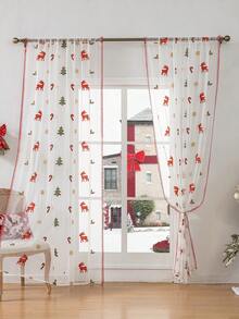 1pc/2pcs Christmas Sheer Curtain, Deer Pattern Design Delicate Embroidery Sheer Curtain, Semi-Transparent Home Window Decor, Room Decoration, Christmas Holiday Decor - Multicolor - View 6
