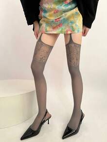 1 Pair Suspender Style Hollow Fishnet Stockings Solid Color Lace Woven Anti-Snagging Fishnet Stockings Bottoming Pants