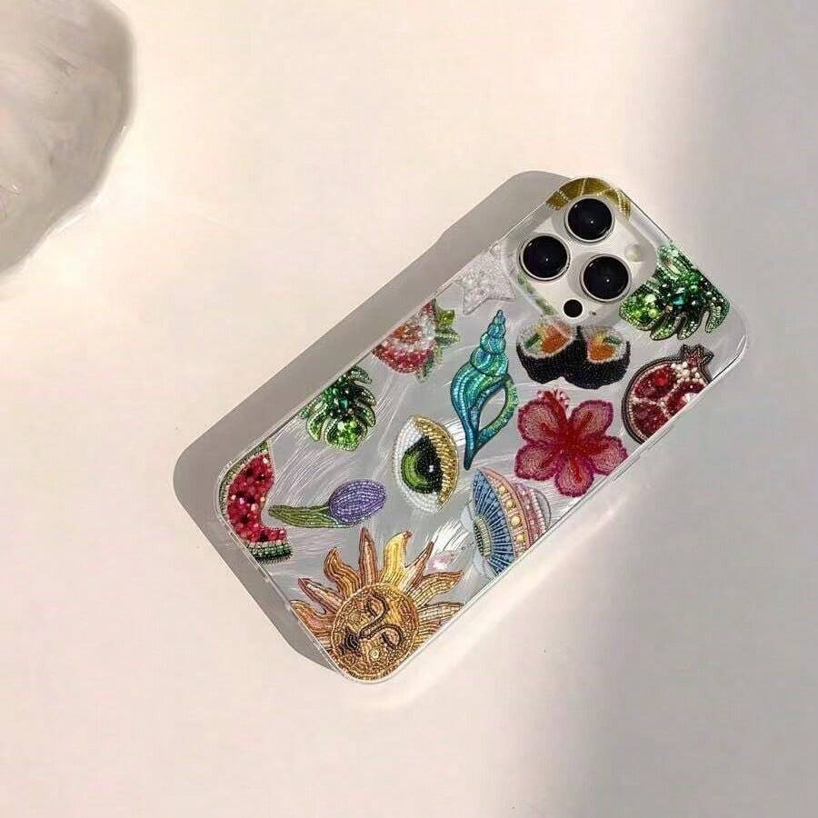 Funda para phone (1 unidad) con diseño moderno y único de corazones, granadas, estrellas y flores. Resistente al agua, a las huellas dactilares y a los arañazos. Transparente, suave y brillante. - Colores mixtos 2 - Ver 1
