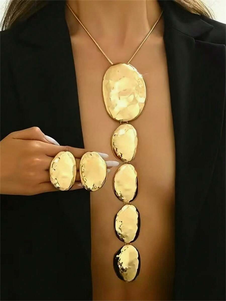 1 set de cercei și colier oval din metal, stil vintage auriu, la modă, versatil, potrivit pentru purtarea zilnică a femeilor