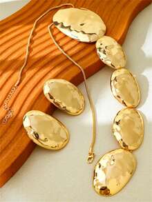 1 set de cercei și colier oval din metal, stil vintage auriu, la modă, versatil, potrivit pentru purtarea zilnică a femeilor