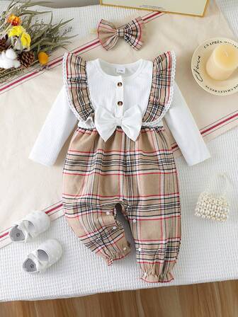 2pcs Baby Girls Long Sleeve Jumpsuit Dress With Bow & Plaid Pattern, Cute Outfit With Headband