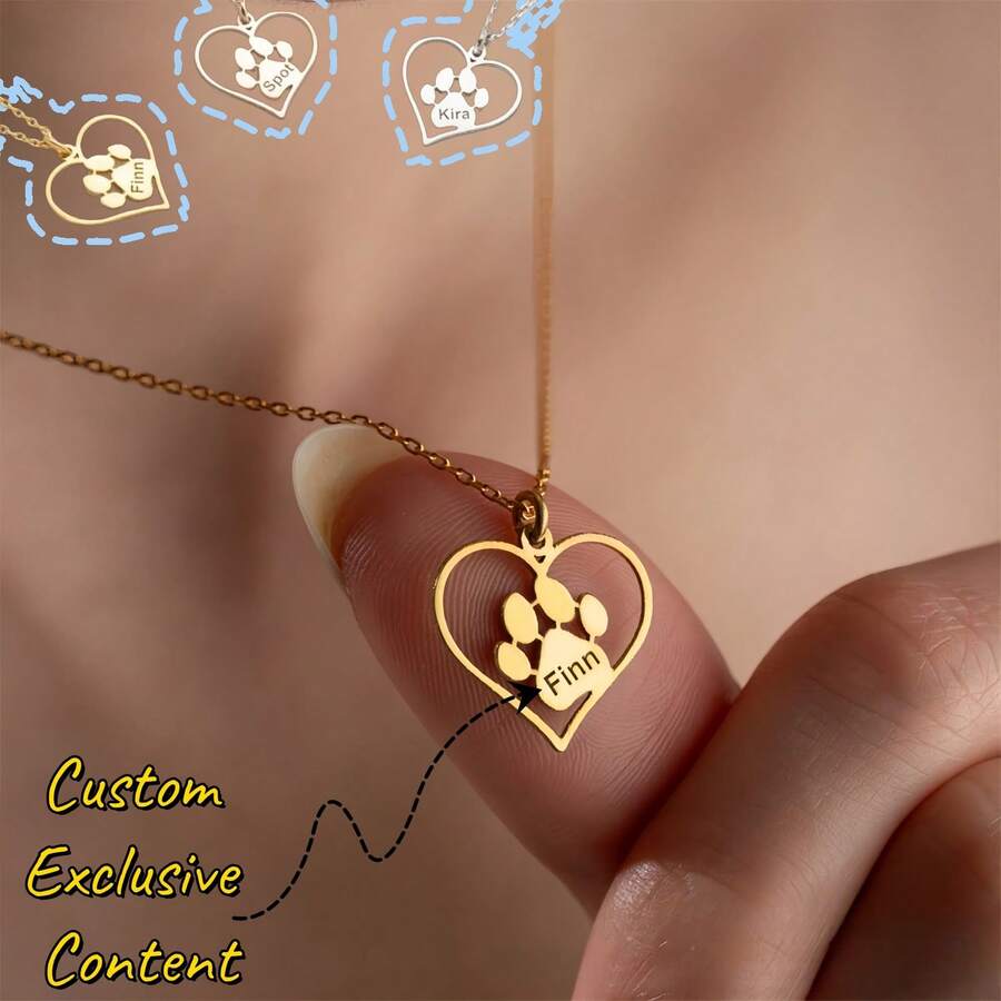 Personalized Dog Paw Print Necklace, Custom Name Pet Memorial Jewelry Gift, Engravable Pet Lover Gift, 18K Gold Plated