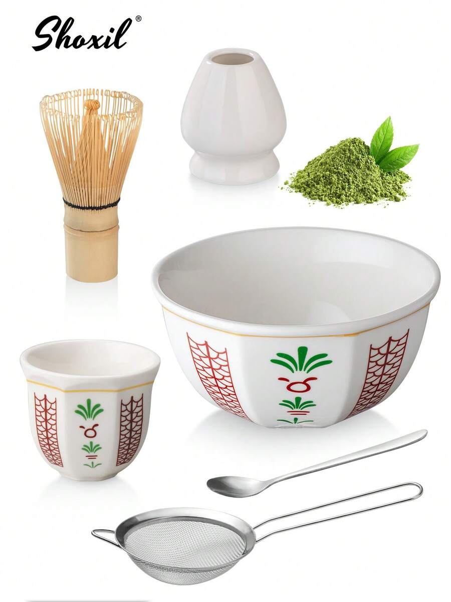 shoxil 1/6 件抹茶搅拌器套装、抹茶传统入门套装、抹茶茶具套装，包括抹茶碗（带倾倒嘴）、竹制抹茶搅拌器（茶筅）、勺子（茶勺）、搅拌器支架、抹茶筛、礼品盒 - Matcha Set - 查看 1