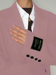 Women's Pink Letter Embroidered Lapel Long Sleeve Single-Breasted Casual Loose Blazer Jacket, Suitable For Banquet, Wedding, Festival, Gathering, Party, Outing And Other Occasions, Spring/Autumn