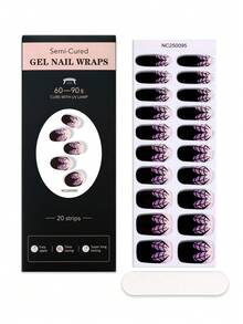 20 Tipps halb gehärtete Gel Nagel Wraps, zarte lila Halloween Gothic Spinnennetz Gestaltung, selbstklebende Full Wrap Nail Art, muss mit UV-Lampe verwendet werden, einfach anzuwenden und zu entfernen, geeignet für Frauen und Mädchen Halloween Party DIY Nail Art Verwendung