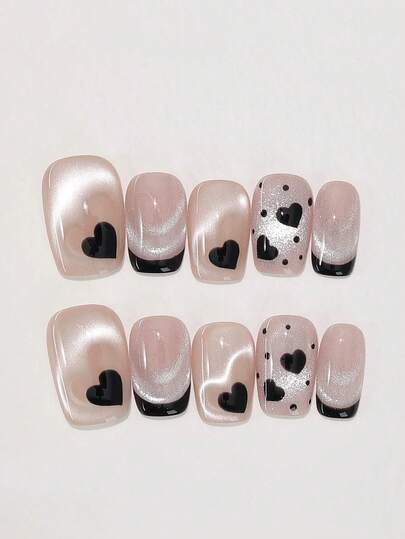 10pcs Pure Handmade Press On Nails Short Square Nails Blue Nails Y2k Sweet And Cool Plain Stroble Style Heart Pattern For Women And Girls Spring Summer Festivals Holiday And Daily Life Use Nail Supplies