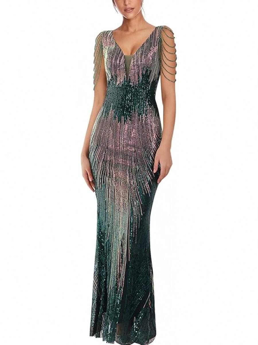 Women's Sequin Formal Evening Tassel Bead Sleeve Long Maxi Party Dress, Retro Glam Style RRV9 - Màu xanh lá cây rực rỡ - Xem 1