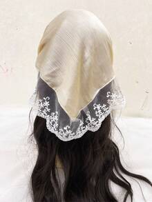 1pc Khaki Solid Color Fabric Lace Triangular Scarf, Versatile Headwear, Headband, Daily Use Fall Hair Accessories Autumn Women Bandana Sport Yoga Workout Winter Hair Band For Vacation Outfits Woman