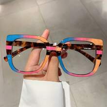 New Women Square Contrast Color Glass Large Frame Fashion Leopard Design Decorative Glasses
