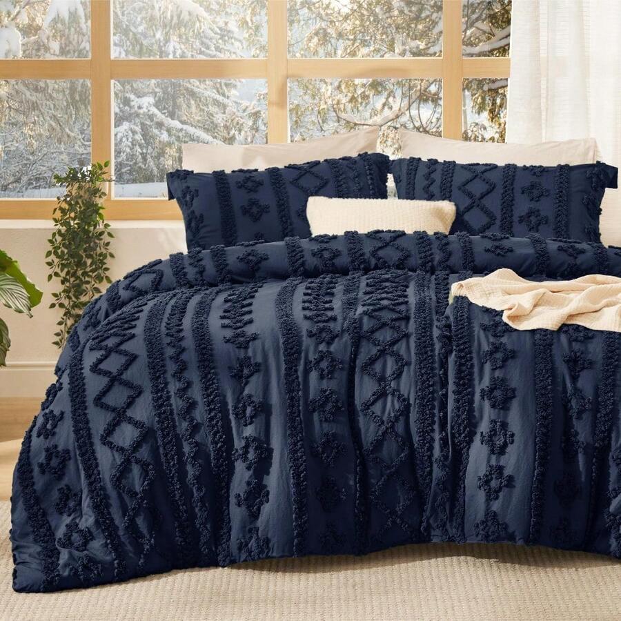 Bedsure Summer Vacation Bedding Set (Holiday Essentials), Tufted Boho Comforter Set, GentleSoft™ 3 Pieces Farmhouse Shabby Chic Embroidery Bedding, High-Quality Polyester Microfiber Summer Bedding Set, Cal King/King/Queen/Full/Twin/Twin XL Cooling Comforter Set, Soft Bedding Set Gift For Graduation/Vacation/Birthday Decoration/Back To School, For Room Decor, Home Decor, Bedroom Decor, Dorm Decor, Father's Day Gift - Hải quân - Xem 1