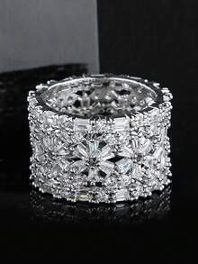 奢华立方氧化锆万花筒戒指，白金镀铜，适合女性婚礼、订婚和节日礼物 - 銀色萬花筒 - 查看 4