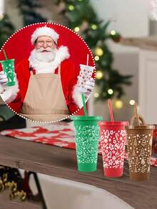 5-1 Pc 24 Oz Christmas Themed Straw Cup, Christmas Themed Water Bottle, Large Capacity Plastic Water Cup, Durable, Reusable With Straw And Lid, Festive Design, Suitable For Hot And Cold Drinks, Outdoor Activities, Parties And Holiday Decorations, Christmas Gifts, Suitable For Milk Tea, Coffee, Purified Water, Outdoor, Indoor, Christmas, New Year,Christmas Gifts, Cups