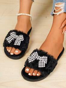 planare Pantuflas de lujo con forro térmico sintético para mujer, pantuflas cómodas y antideslizantes para interiores con decoración de lazo a cuadros, adecuadas para otoño/invierno - Negro - Ver 2