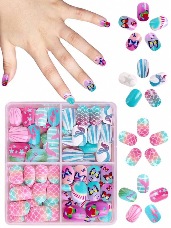 NAIO 96 Pcs/Set Y2K Baddie Style Kids Press-On Nails Acrylic False Nails Pre-Glued Full Cover Glitter Cute Gradient, Mermaid, Butterfly, Stars And Other Elements Short Kids Stick-On False Nails Set For Kids Little Girls - Cute Ocean Theme