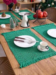 1/4/6pcs Green Woven Hollow Placemats, Farmhouse Style, Suitable For Daily Gatherings, Christmas Parties, Dinners, Kitchen & Dining Table Decor, All Seasons - Green - View 4