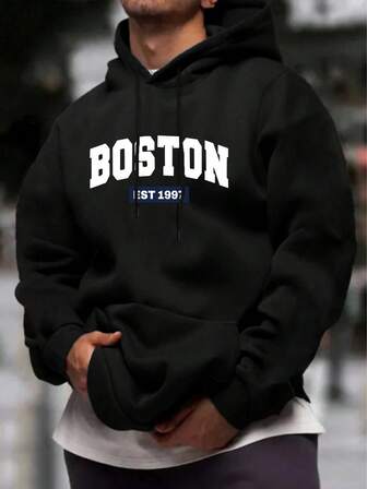 男士秋冬运动卫衣，男士印花卫衣，黑色连帽卫衣，波士顿印花图案卫衣，适合日常休闲穿着，适合户外运动，健身房健身上衣