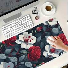 1pc Red Mouse Pad With Green Leaves, 35.4x15.Inches - Non-Slip Rubber Base, Smooth Surface Office & Home Use, Valentine'S Day Women, Home Office Accessory |   Floral Desk Decor |   Durable Desk, Mouse Pads Desk - 黑色 - 查看 8