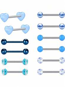 Set de 12 piezas de anillos rectos de lengua de acero inoxidable de 14G, joyería de perforación corporal, longitud de 14mm, para mujeres - Multicolor - Ver 11