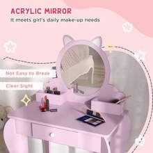 ZONEKIZ Kids Dressing Table, Kids Vanity Table, Girls Dressing Table With Mirror, Stool, Drawer, Storage Boxes, Cat Design, For Ages 3-6 Years - Pink - 粉色 - 查看 6
