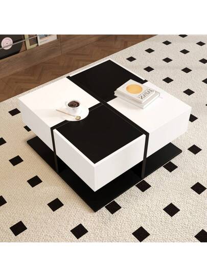 Moderne Coffee Tafel Zwart Wit 70*70*35.5 Drawers, Square Living Room Storage Space, High Gloss Zachte Drawer Rails view 5