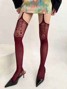 1 Pair Suspender Style Hollow Fishnet Stockings Solid Color Lace Woven Anti-Snagging Fishnet Stockings Bottoming Pants